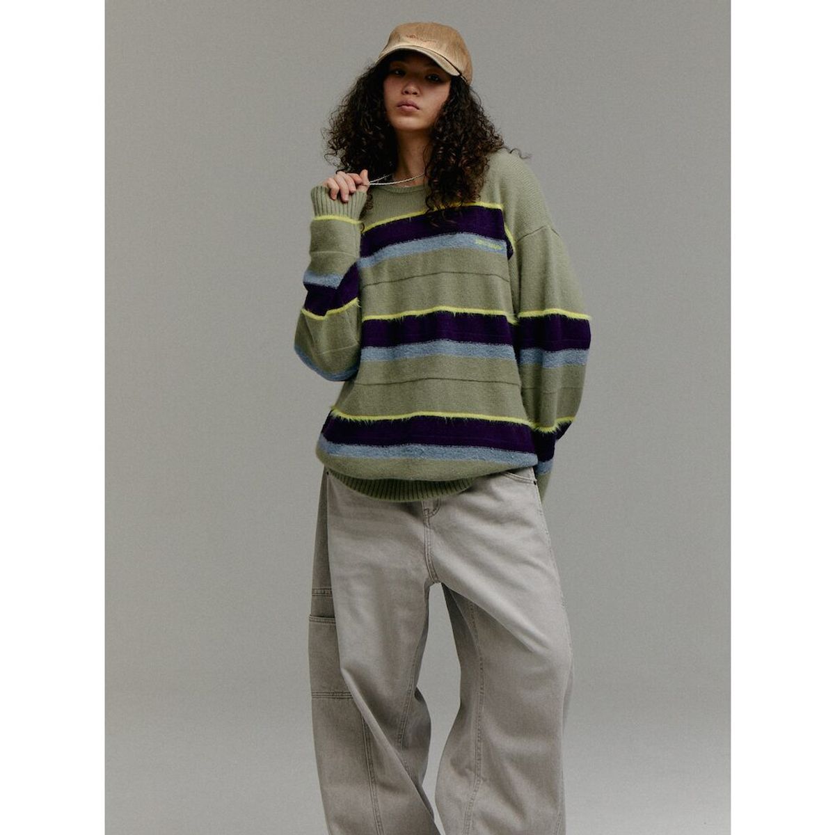 샌드 사운드(SAND SOUND) (UNISEX) 울 블렌드 스트라이프 풀오버 스웨터  애플 그린