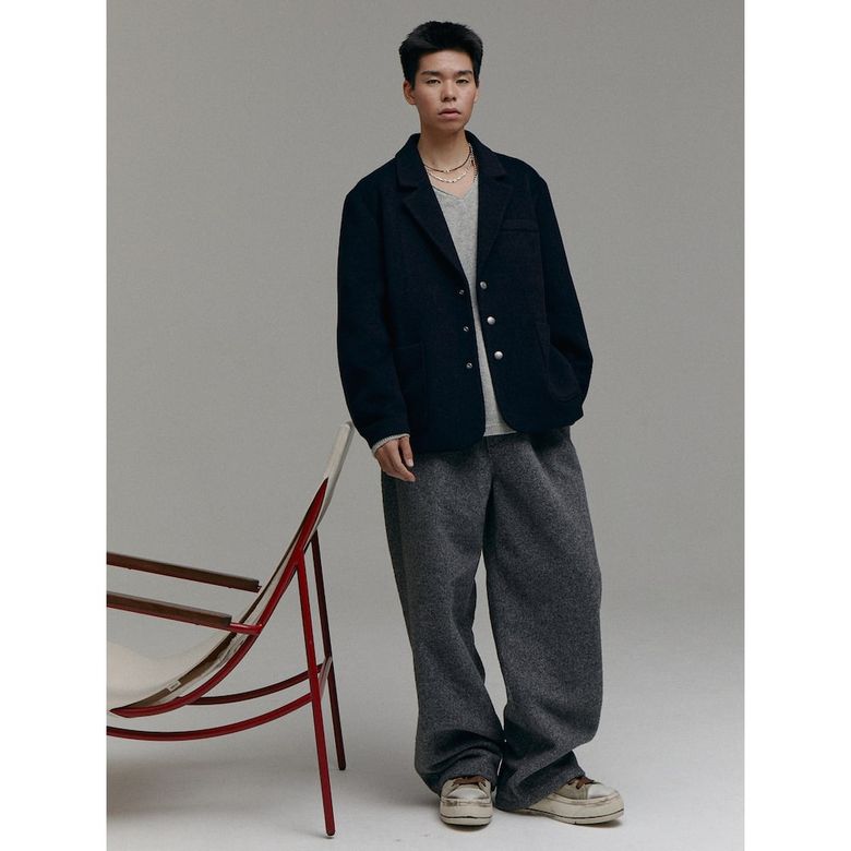 (UNISEX) 오버핏 저지 재킷  네이비
