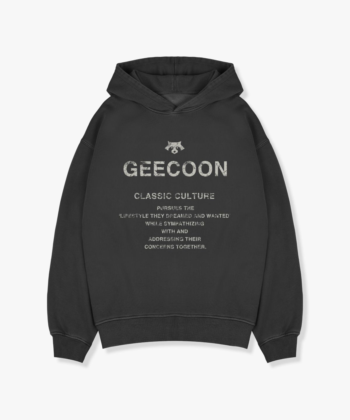 지쿤(GEECOON) 피그먼트 다잉 빈티지 레터링 후드 스웨트셔츠 GEE257-105 챠콜