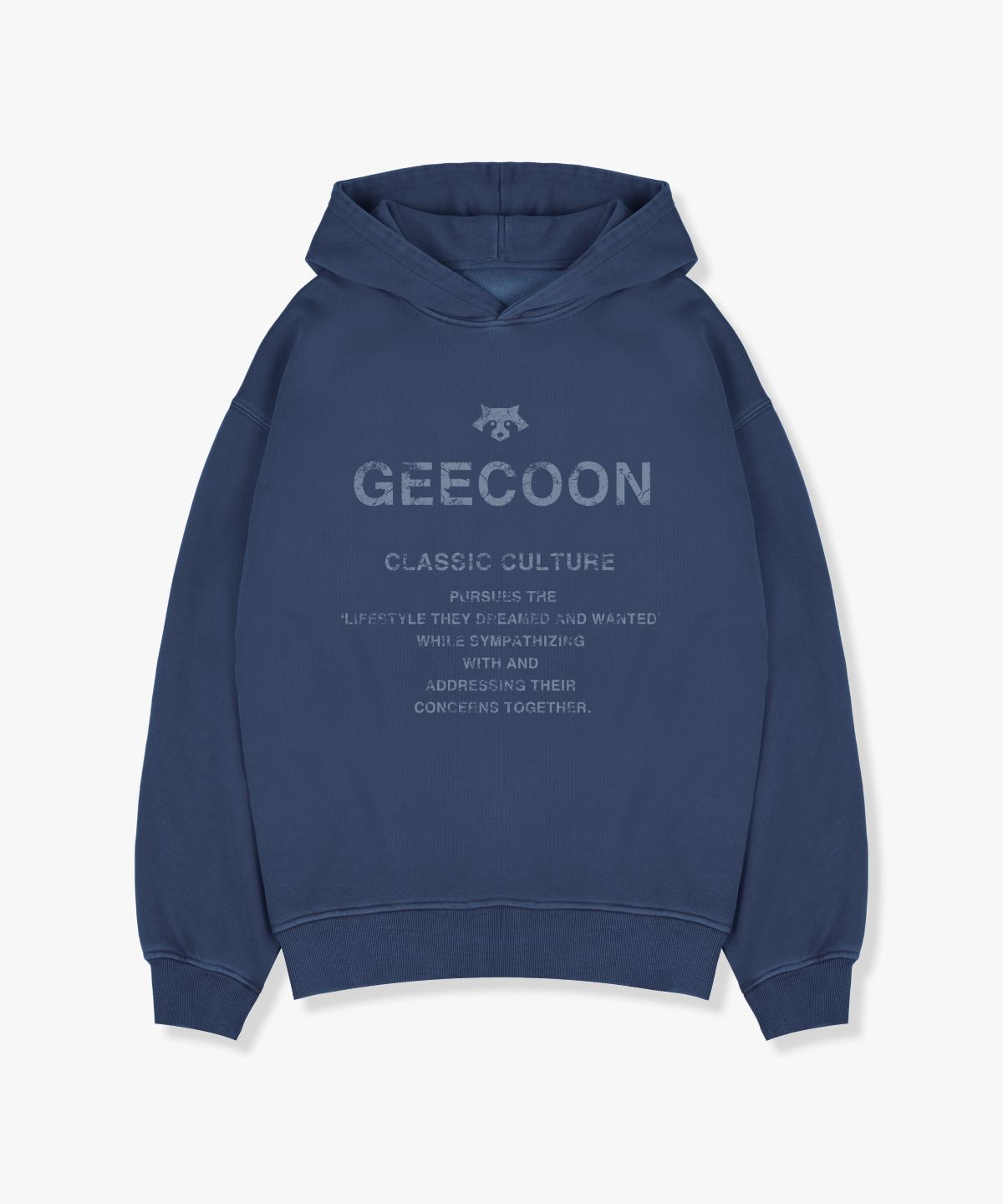지쿤(GEECOON) 피그먼트 다잉 빈티지 레터링 후드 스웨트셔츠 GEE257-105 블루