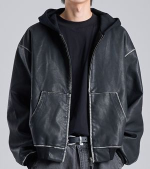 비건 레더 후드 집업 자켓 (블랙)