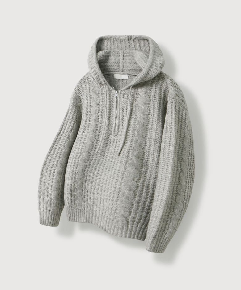 케이블 후드 하프집업 니트_ Sand Gray