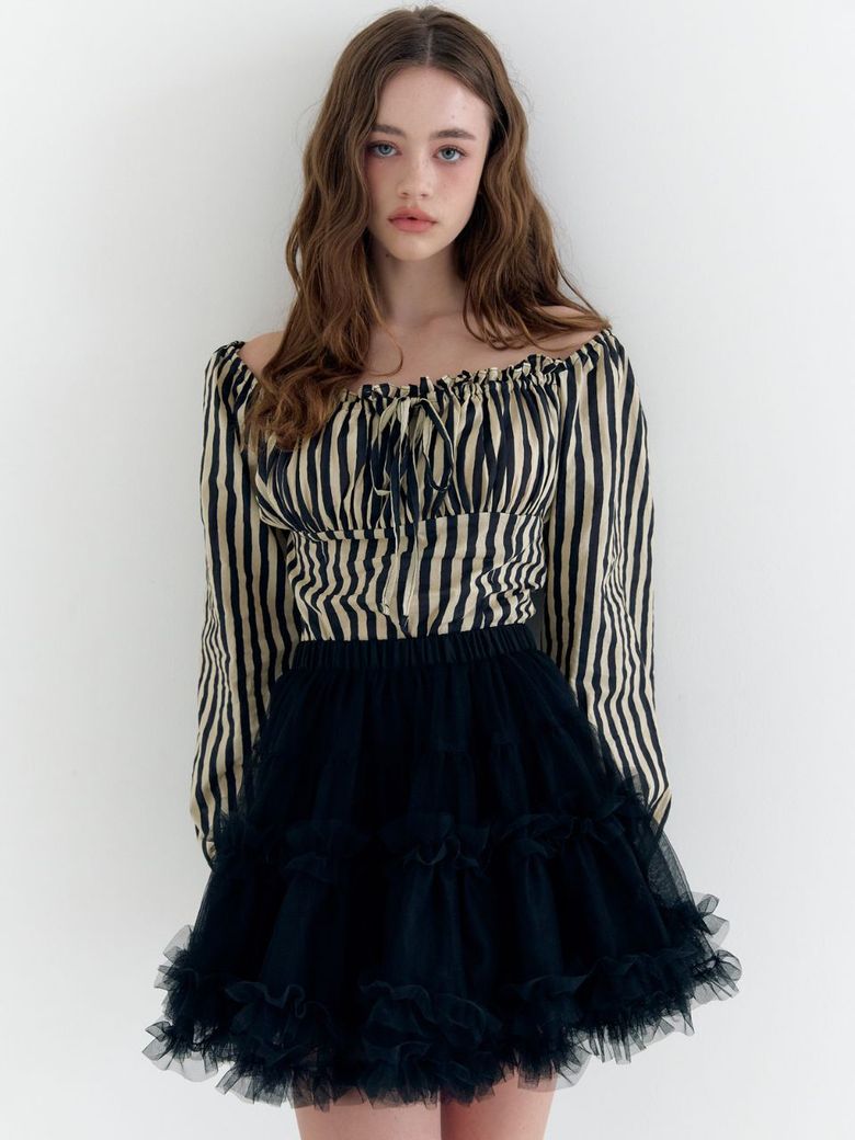 stripe puff shirring blouse
