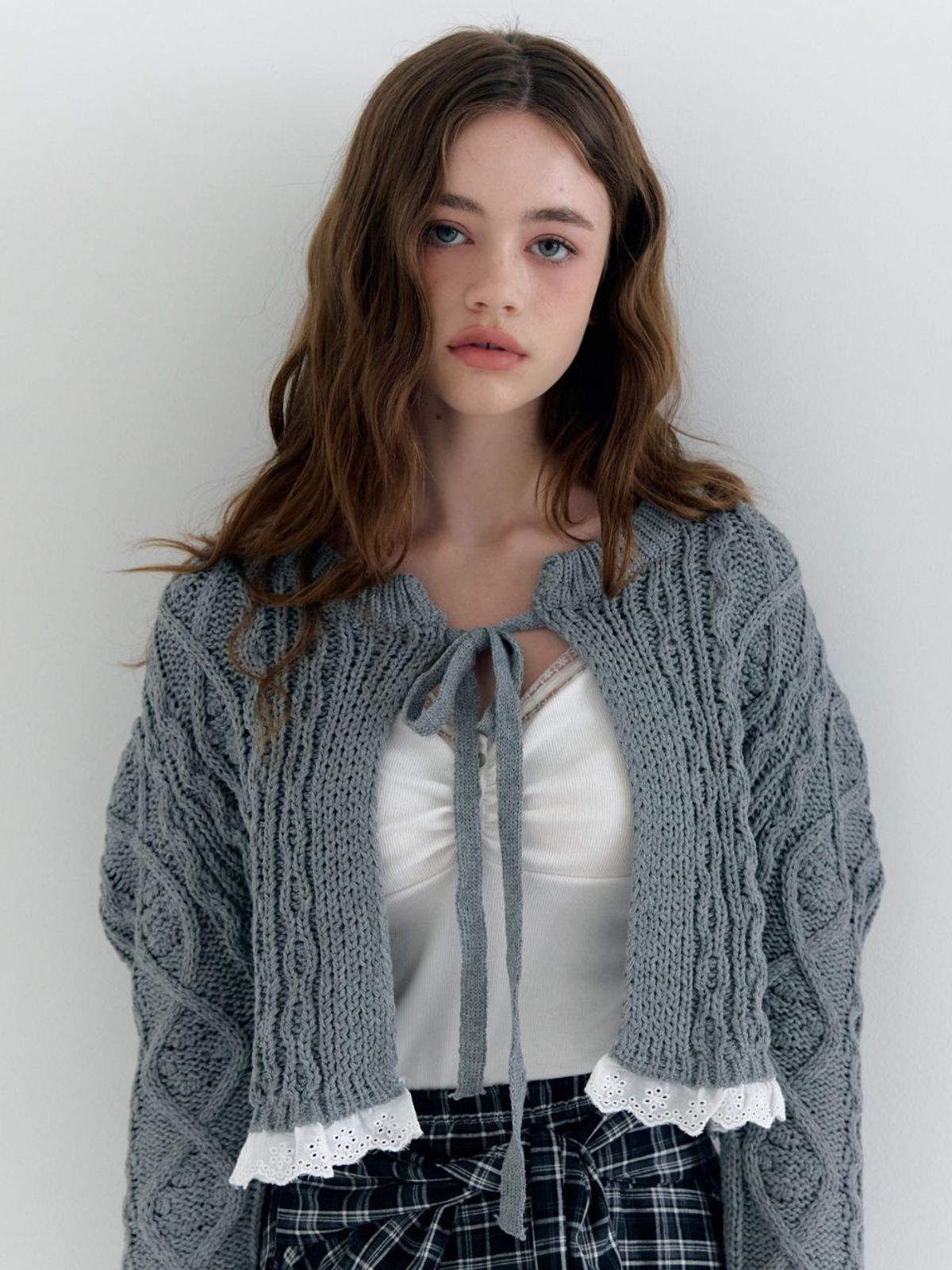 패브릭서울(FABRICSEOUL) lace cable puff knit cardigan