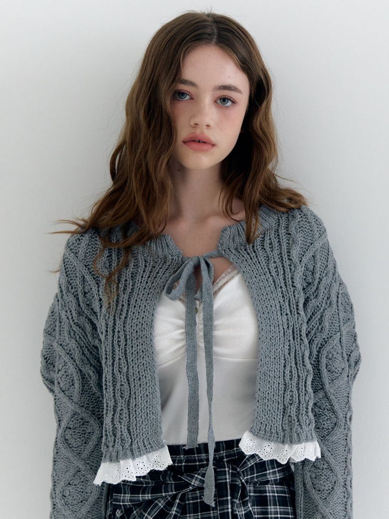 lace cable puff knit cardigan