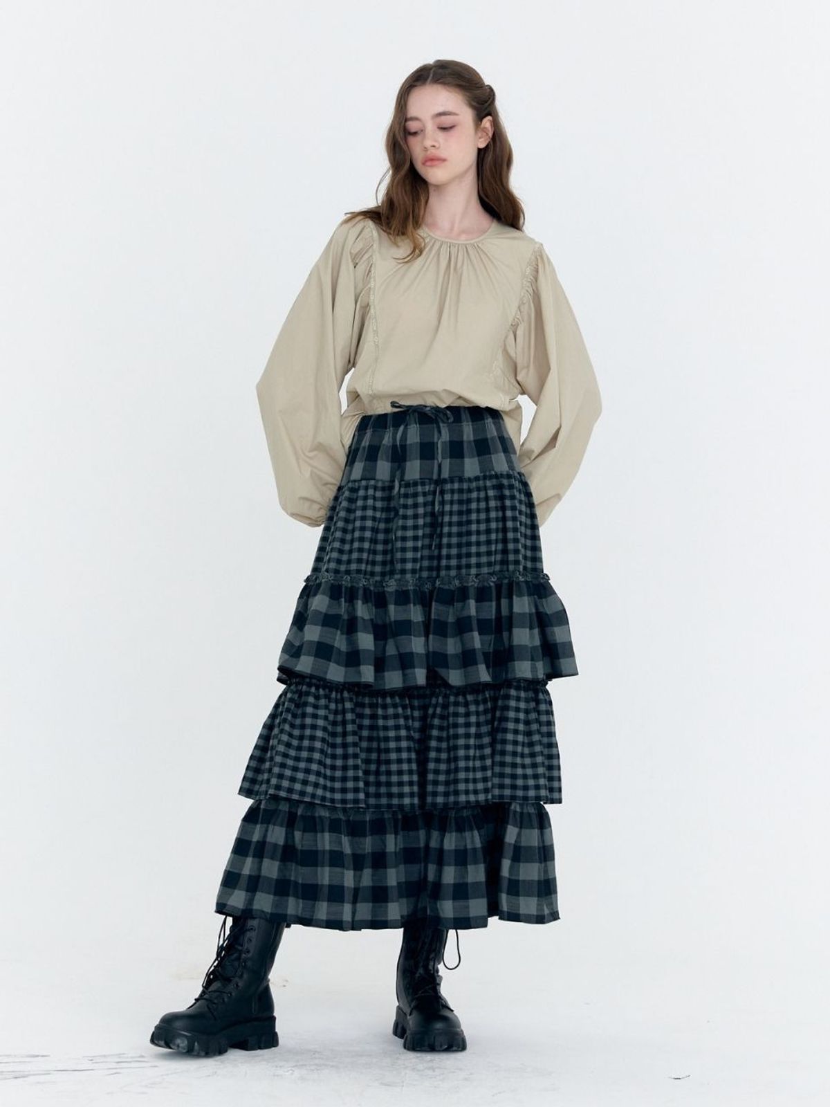 패브릭서울(FABRICSEOUL) check cancan shirring long skirt