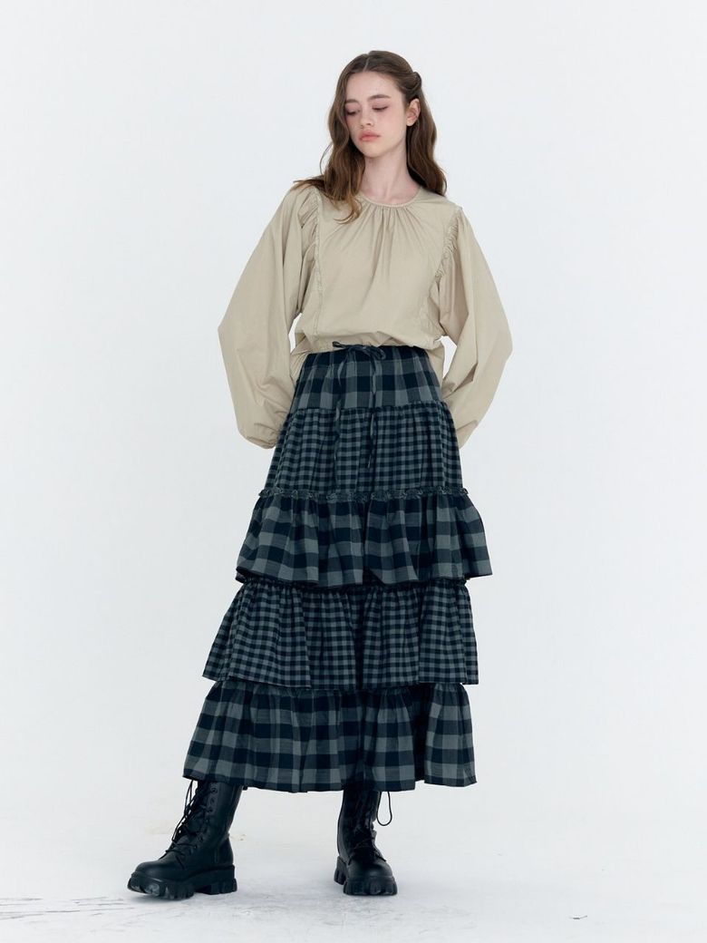 check cancan shirring long skirt