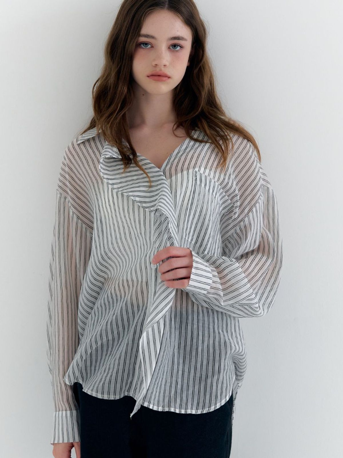 패브릭서울(FABRICSEOUL) see-through oversized stripe ruffle blouse