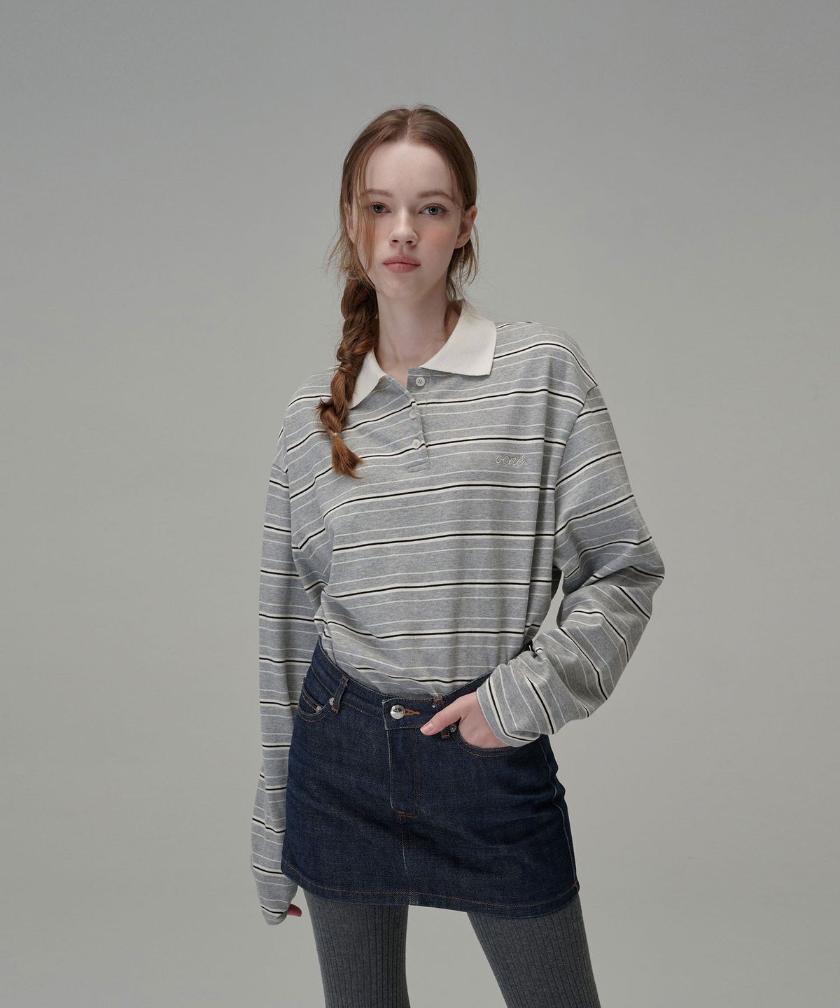 우네(OONE) Cotton Stripe Rugby Long Sleeve_Grey