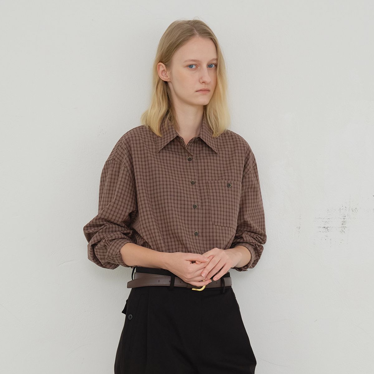 노우드(NOEUD) Single Button Check Shrit (Brown)