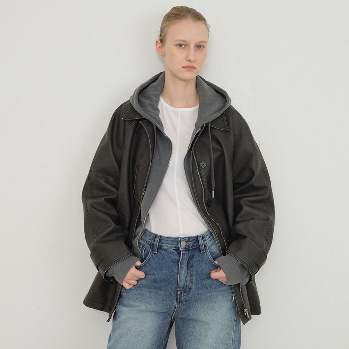 노우드(NOEUD) Washed Leather Balmacaan (Black)