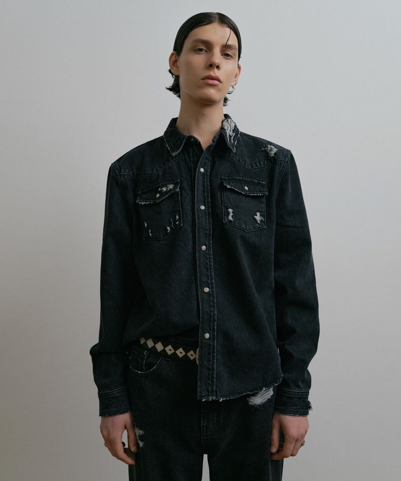 BLACK DESTROYED CROPPED WESTERN DENIM SHIRT