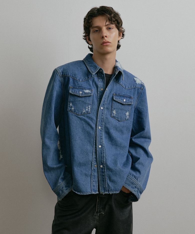 BLUE DESTROYED CROPPED WESTERN DENIM SHIRT