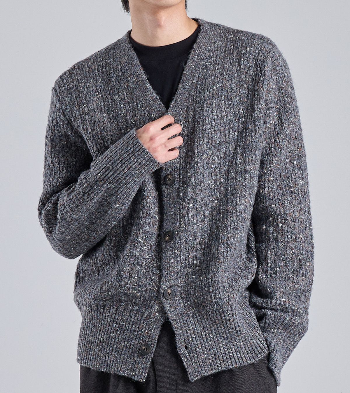 MUSINSA | BUTTON SEOUL Wool Blend Textured Knit Cardigan (Charcoal)
