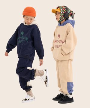 볼드 네임드 오버사이즈 주니어 컬러블록  후드-조거 양기모 셋업 네이비,베이지