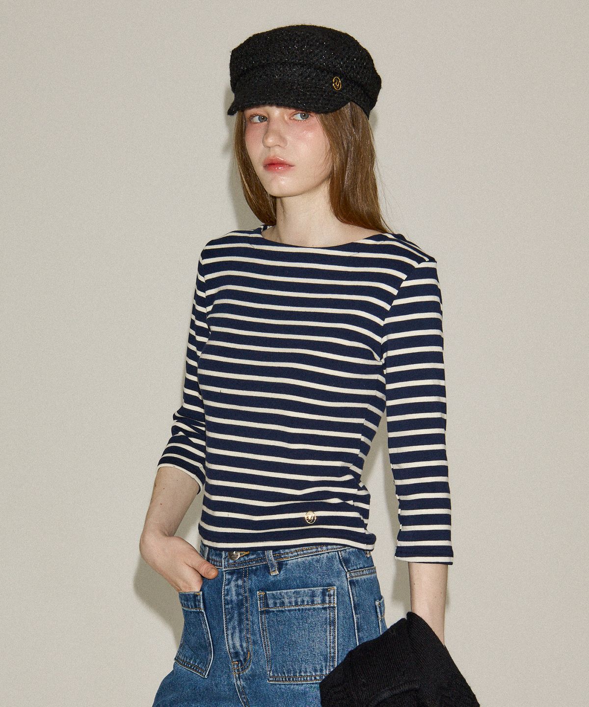 살롱 드 욘(SALON DE YOHN) Boat Neck Classic Tee_ Navy Stripe
