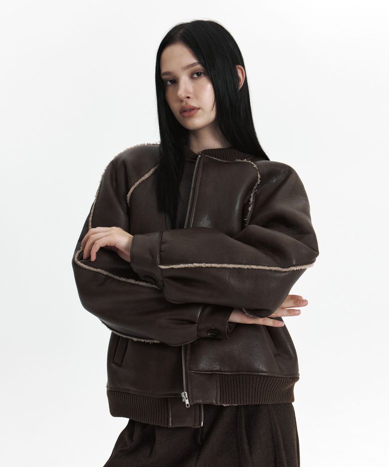 C LINE TRIM FAUX SHEARLING JACKET_BROWN