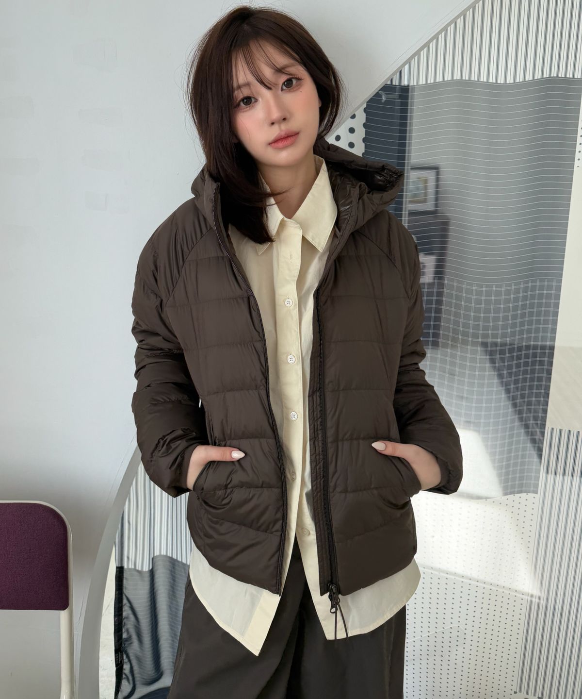 커스텀어클락 우먼(COSTUMEOCLOCK WOMAN) [덕다운ver.] 라이트웨이트 후드 덕다운 패딩 자켓 브라운 COWJP001BROWN