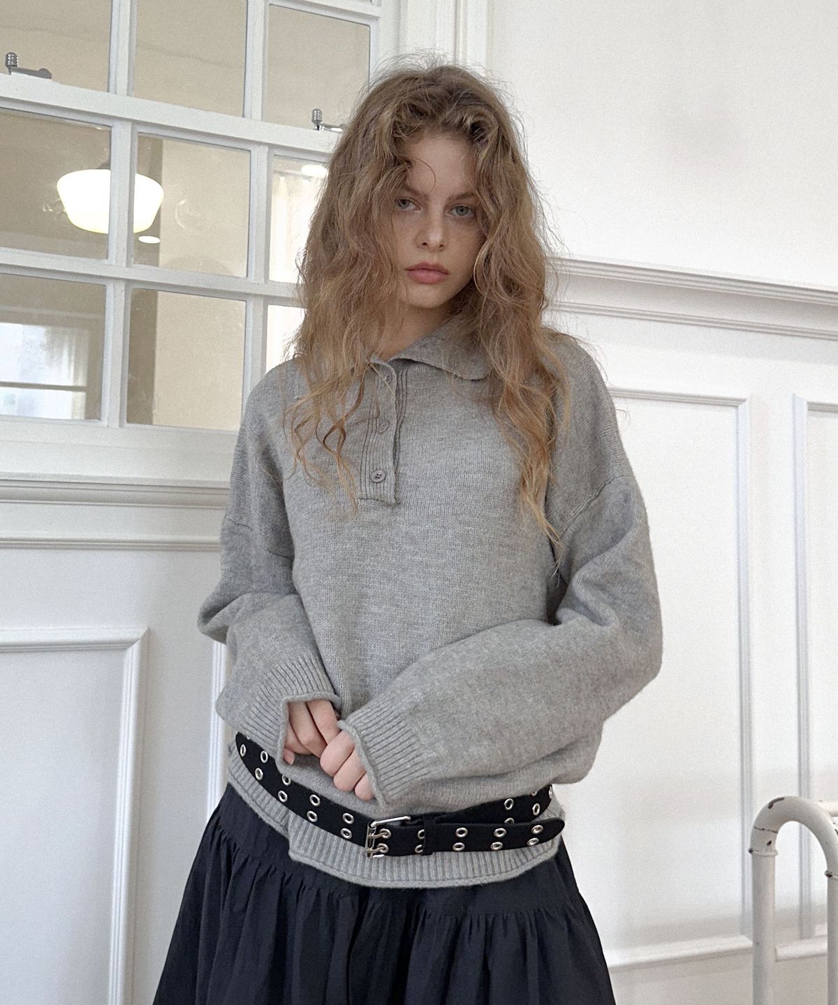 딜라이디(DELIDI) Haze high neck button knit (gray)