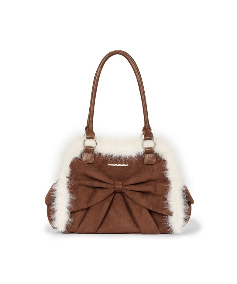 Ribbon Fur Suede Shoulder Bag (Brown)