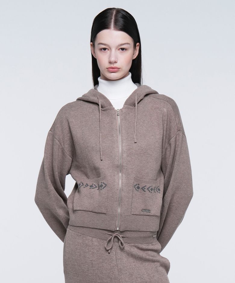 W NAVAJO KNIT HOOD ZIP UP (BEIGE)