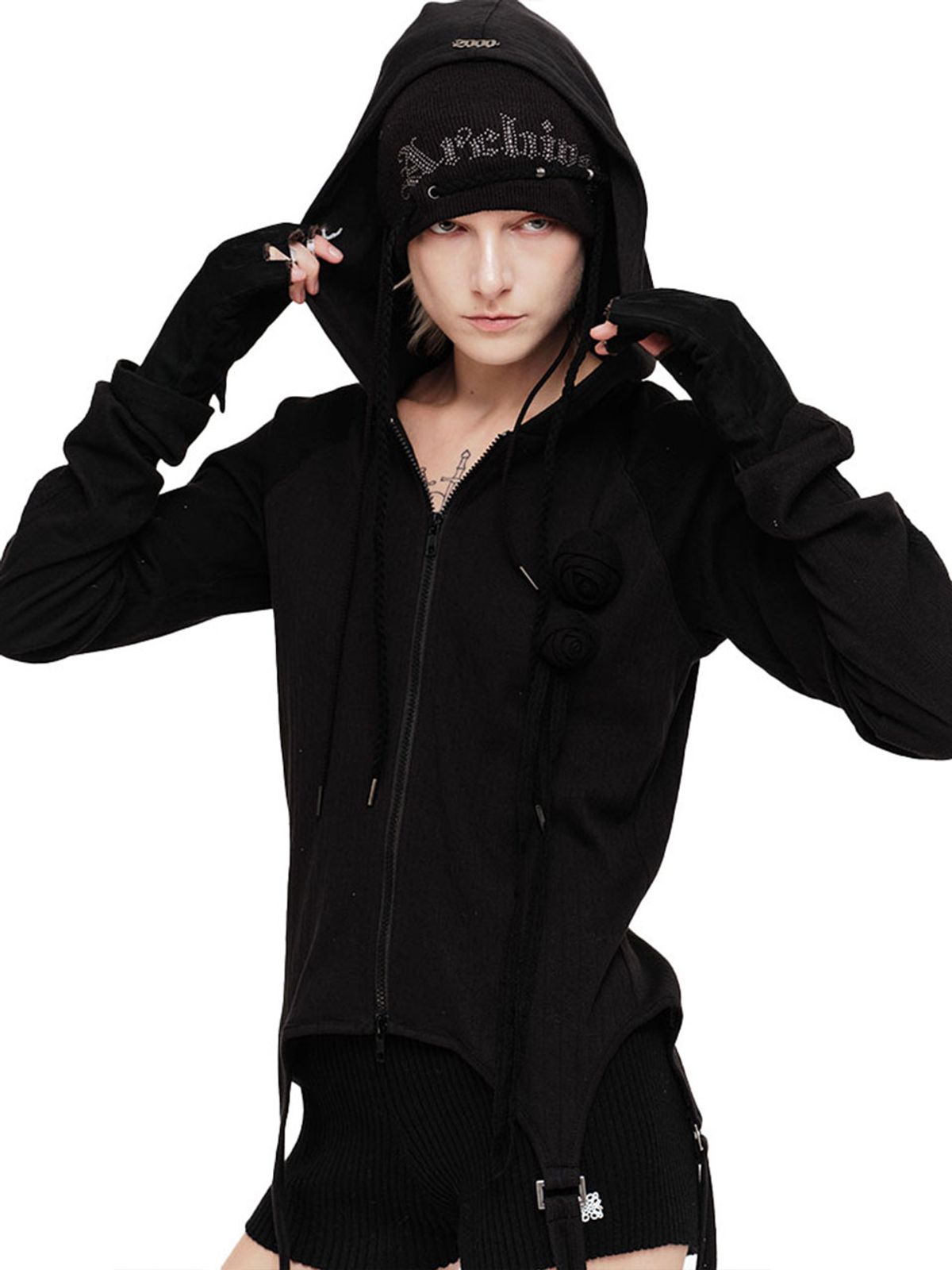 2000아카이브스(2000ARCHIVES) ROSIE POINTELLE HOODIE ZIP UP (BLACK)