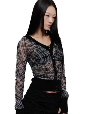 VIKA PLAID MESH CARDIGAN (BLACK)