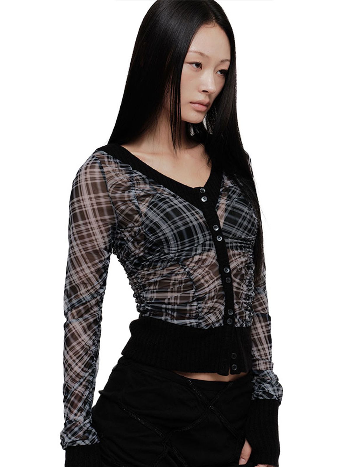 2000아카이브스(2000ARCHIVES) VIKA PLAID MESH CARDIGAN (BLACK)