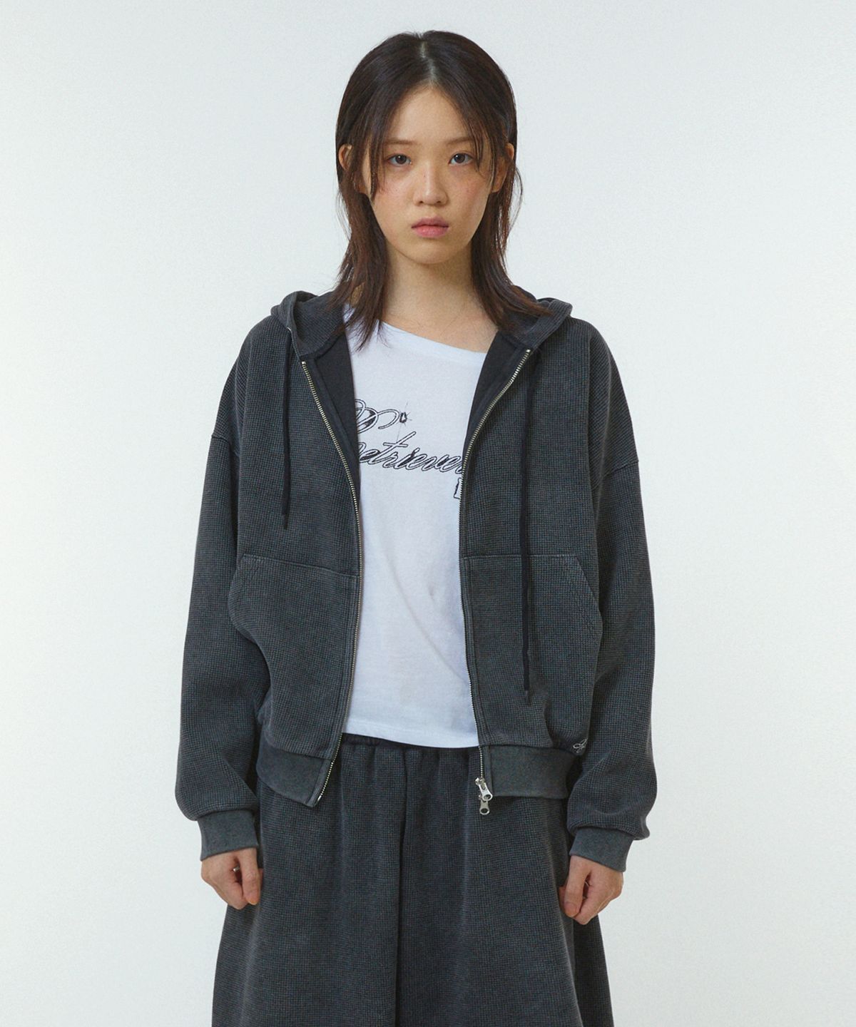 리트리버클럽(RETRIEVER CLUB) SCRIPT WAFFLE HOOD ZIP UP [BLACK]