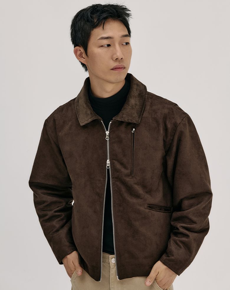 코듀로이 카라 스웨이드 집업 자켓 _ 브라운