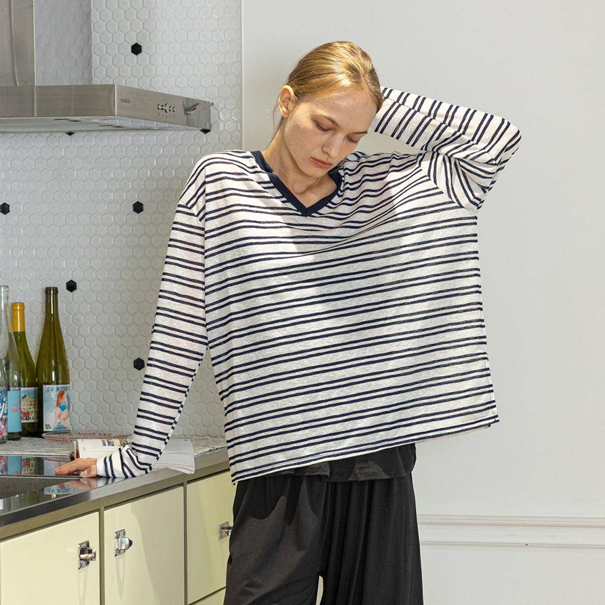 멜라니조이(MELANIE JOY) MJ_V neck casual home long sleeves top_2color