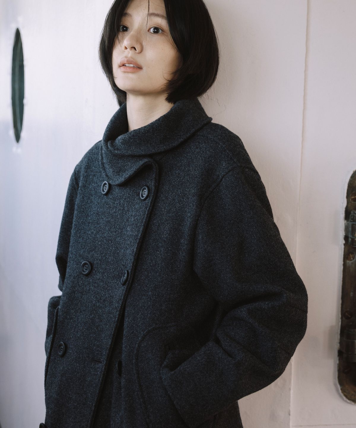 오헤시오(OHESHIO) LAYERED COLLAR DOUBLE WOOL COAT, CHARCOAL