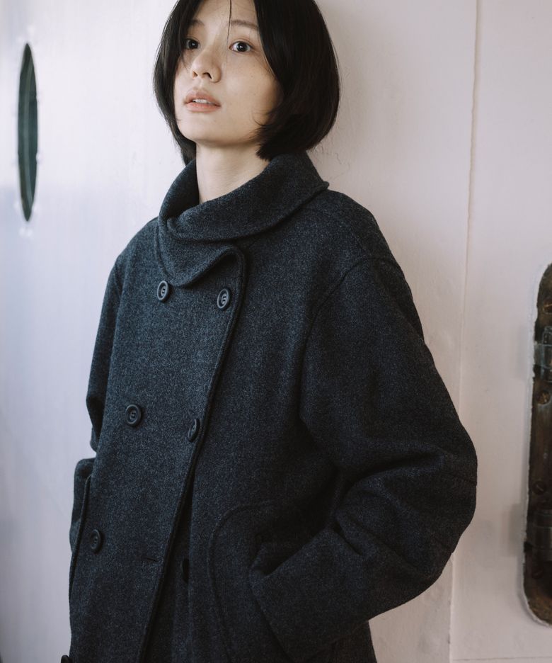 LAYERED COLLAR DOUBLE WOOL COAT, CHARCOAL