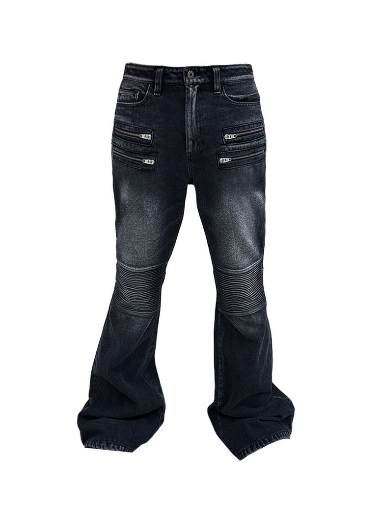 Washed Biker Flared Jeans