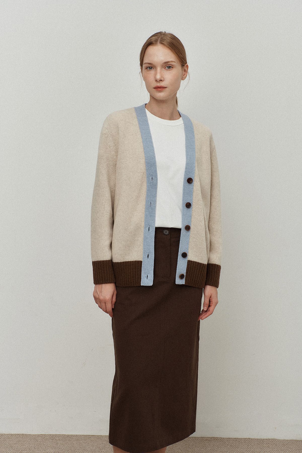 르몽생미셸(LE MONT ST MICHEL) Cashemere color block cardigan_light beige