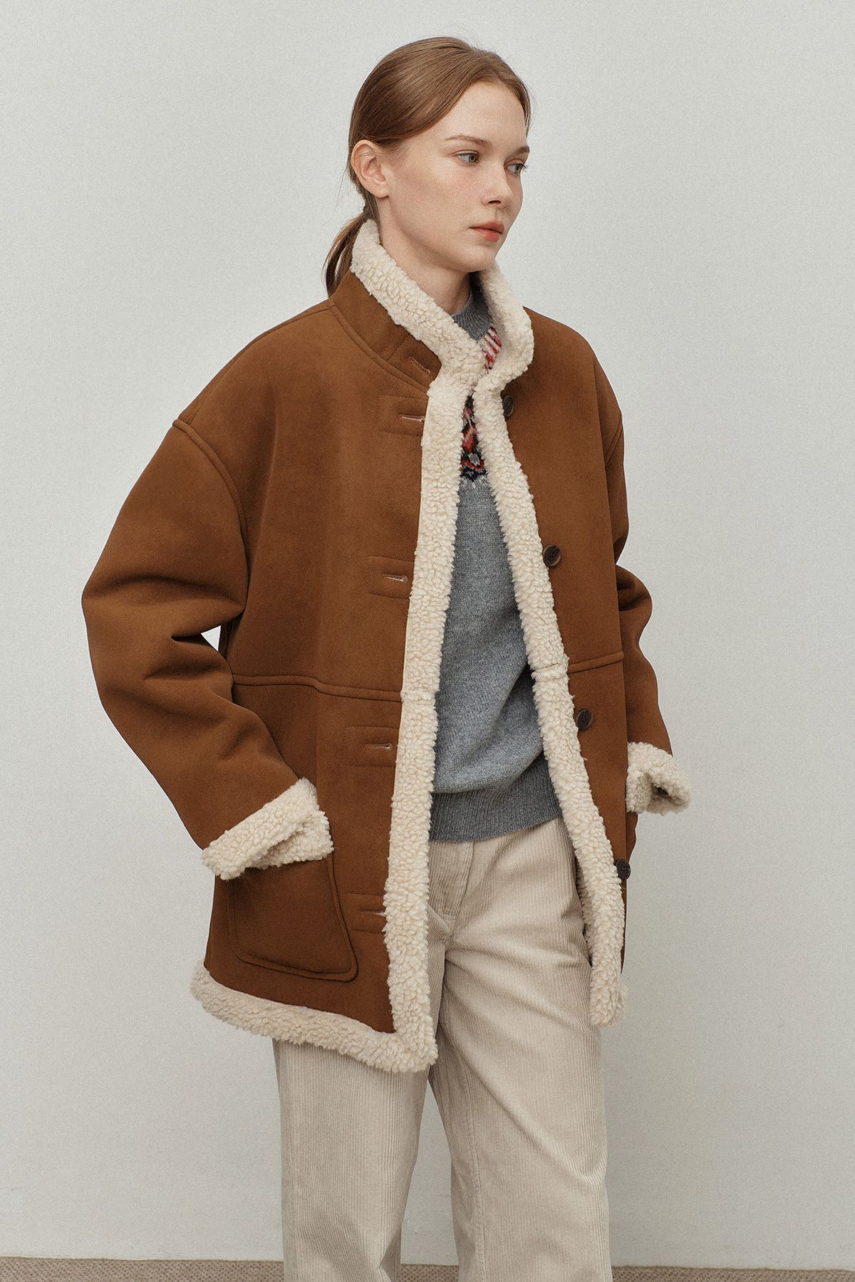 르몽생미셸(LE MONT ST MICHEL) High Neck Women Shearing Jacket_Camel