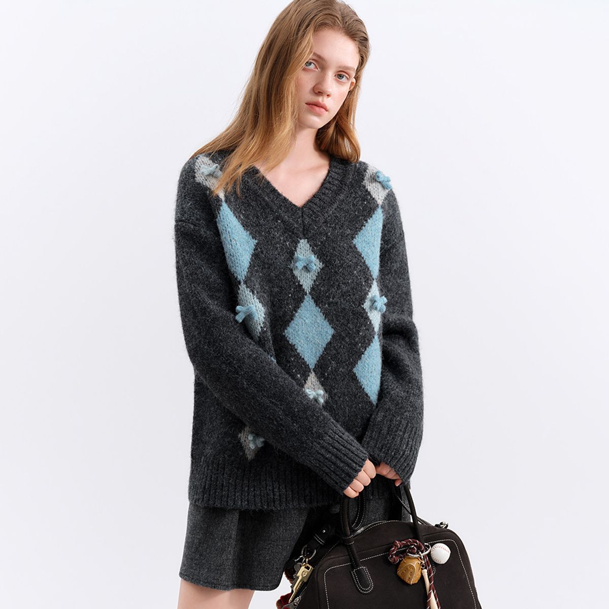 웬스데이딜라잇(WEDNESDAY DELIGHT) WD_Bow argyle knit top
