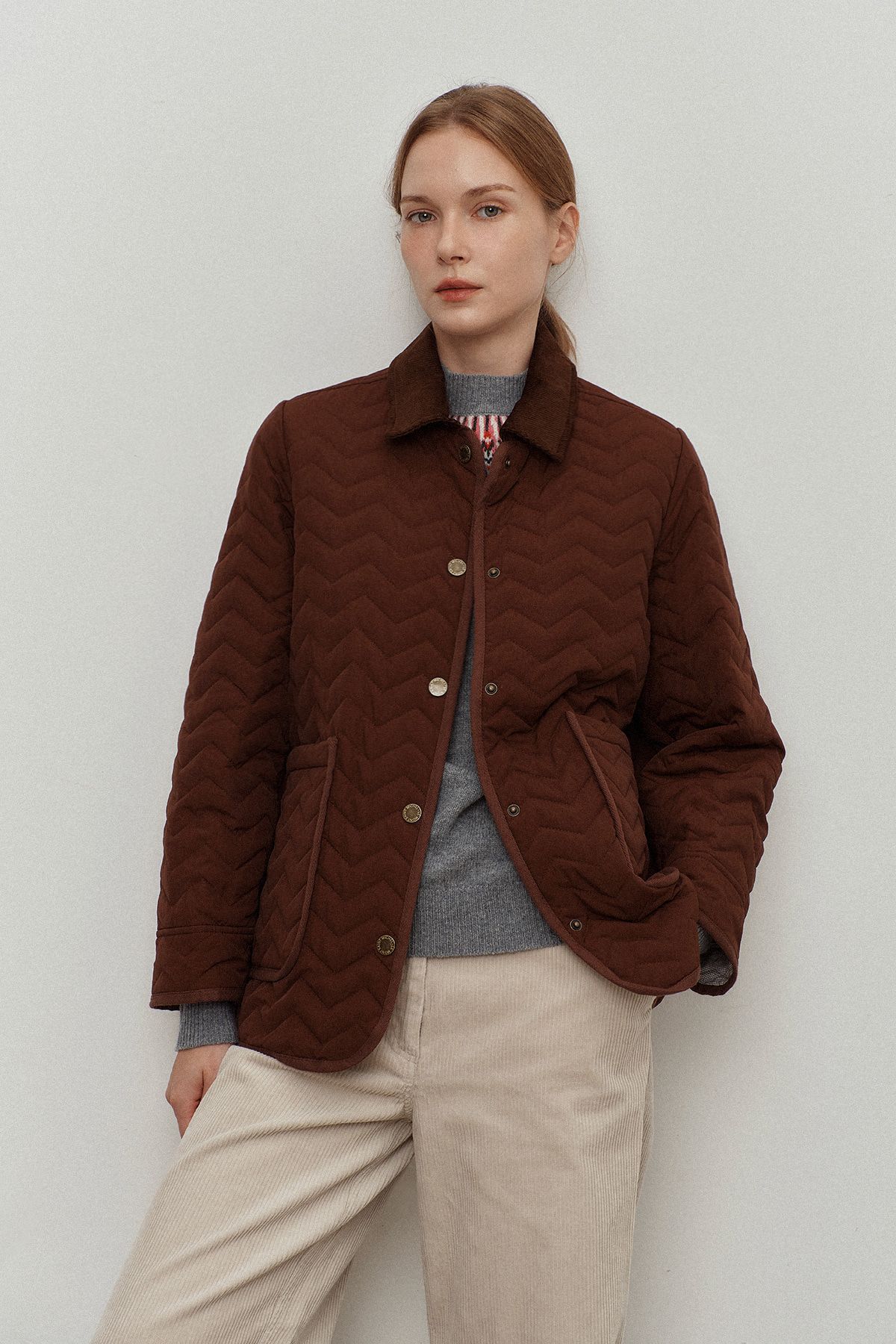 르몽생미셸(LE MONT ST MICHEL) Quilted jacket with corduroy collar_Brown