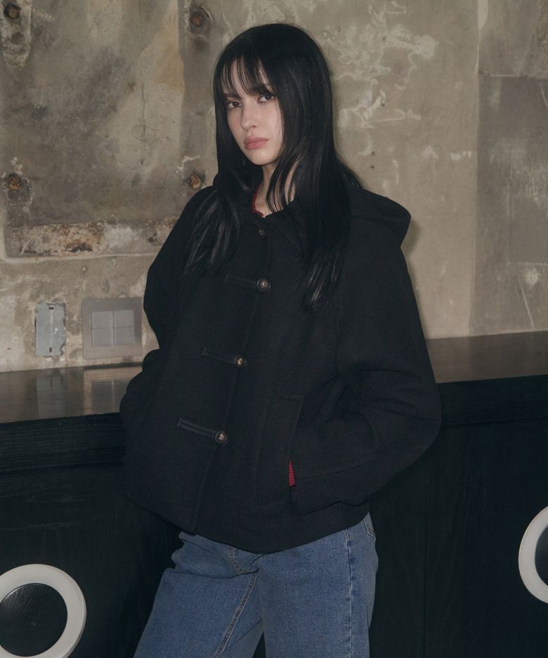 캐시미어 멜톤 더플 후디 숏 코트 [BLACK]