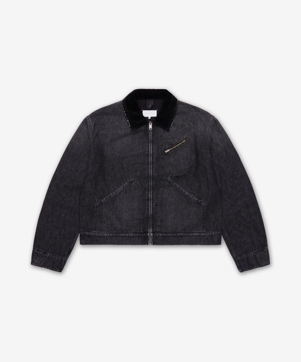 메종 마르지엘라(MAISON MARGIELA) 디스트레스드 카라 데님 재킷 - 워시드 블랙 / S67AM0107M30036962