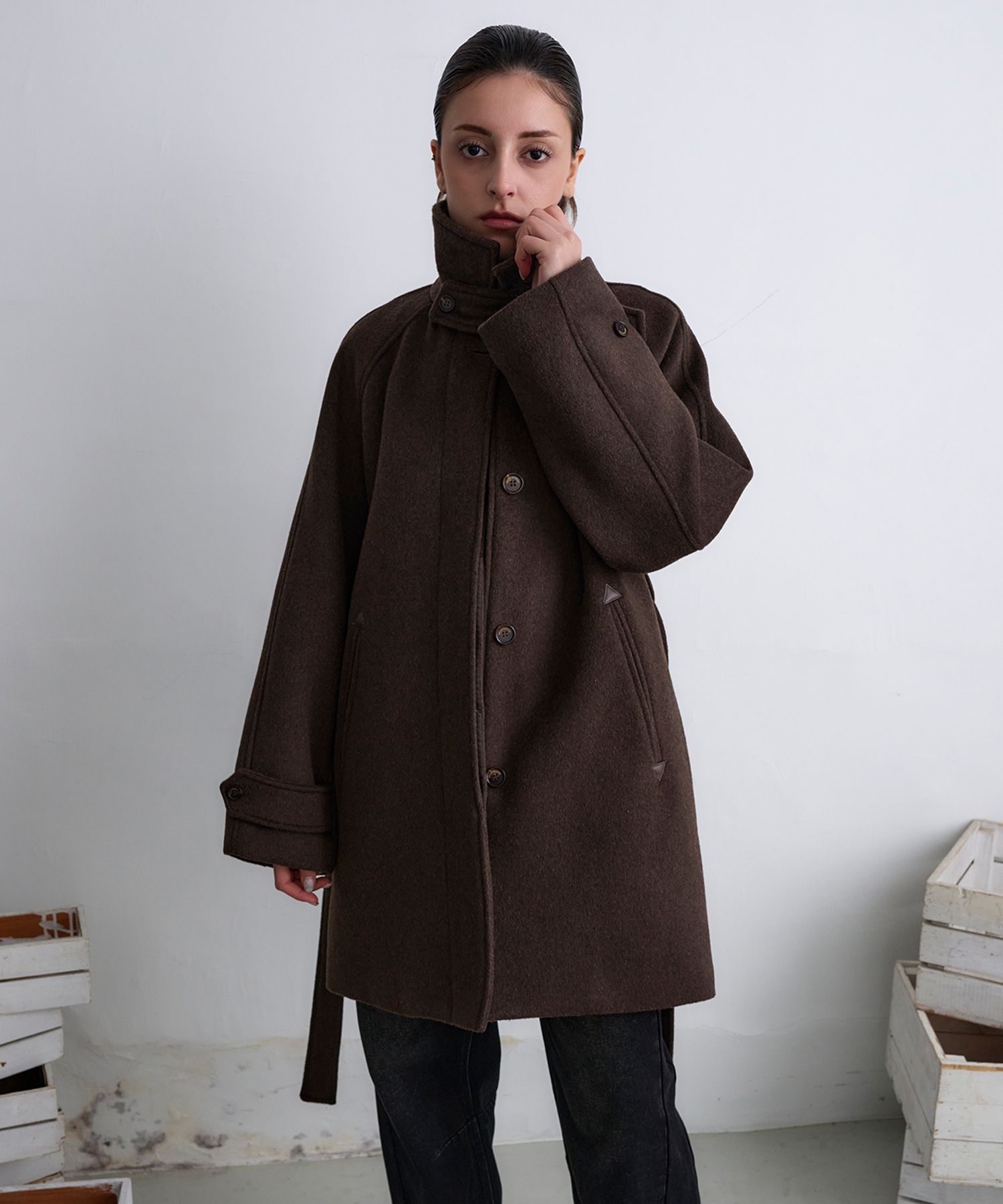 MUSINSA公式 | MILLO WOMEN ウールラグランハーフコート [ダークブラウン]
