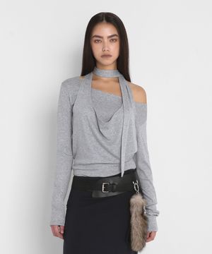 DRAPED HALTER LAYERED LONG SLEEVE T-SHIRT_MELANGE GREY