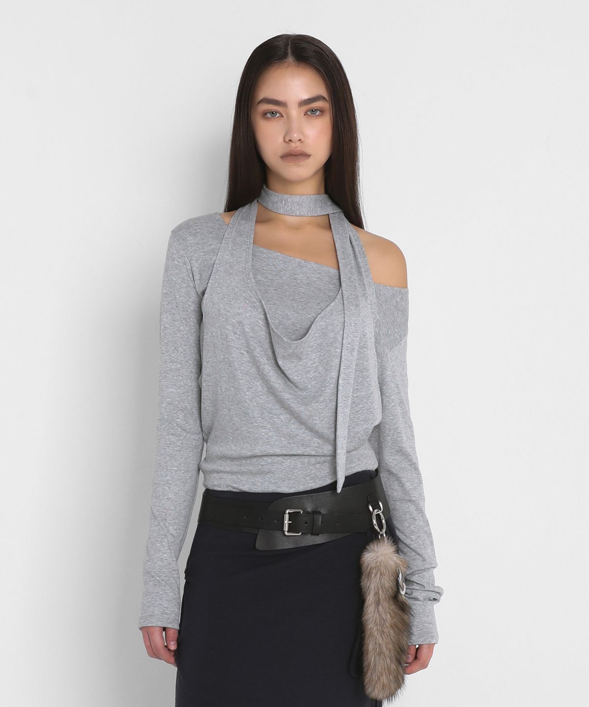 샌드릭(SANDRIC) DRAPED HALTER LAYERED LONG SLEEVE T-SHIRT_MELANGE GREY