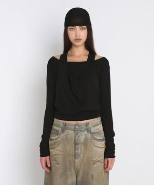 DRAPED HALTER LAYERED LONG SLEEVE T-SHIRT_BLACK