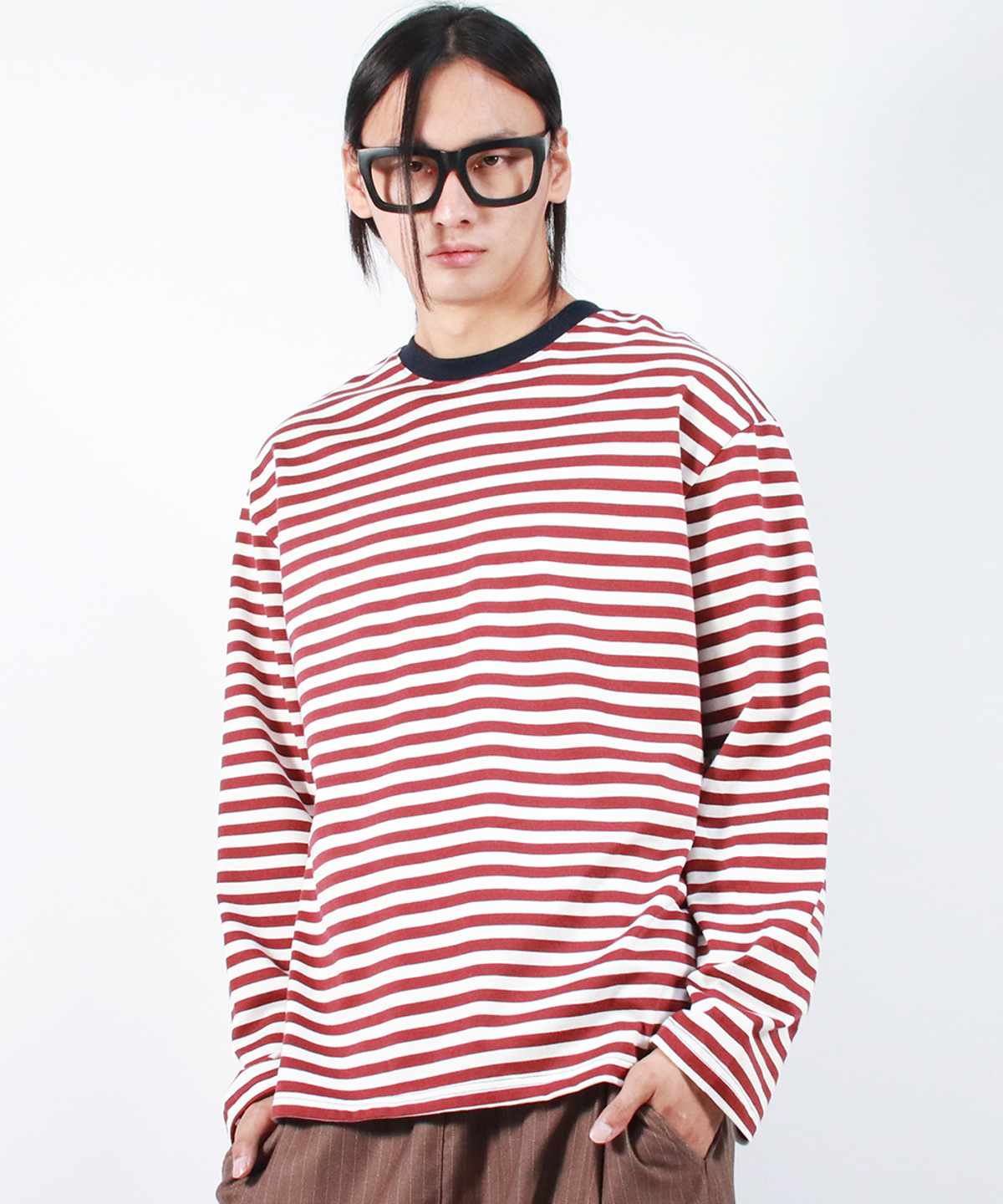 드마크(DEMARC) M STRIPE LOOSE-FIT LONG SLEEVE TEE -  burgundy