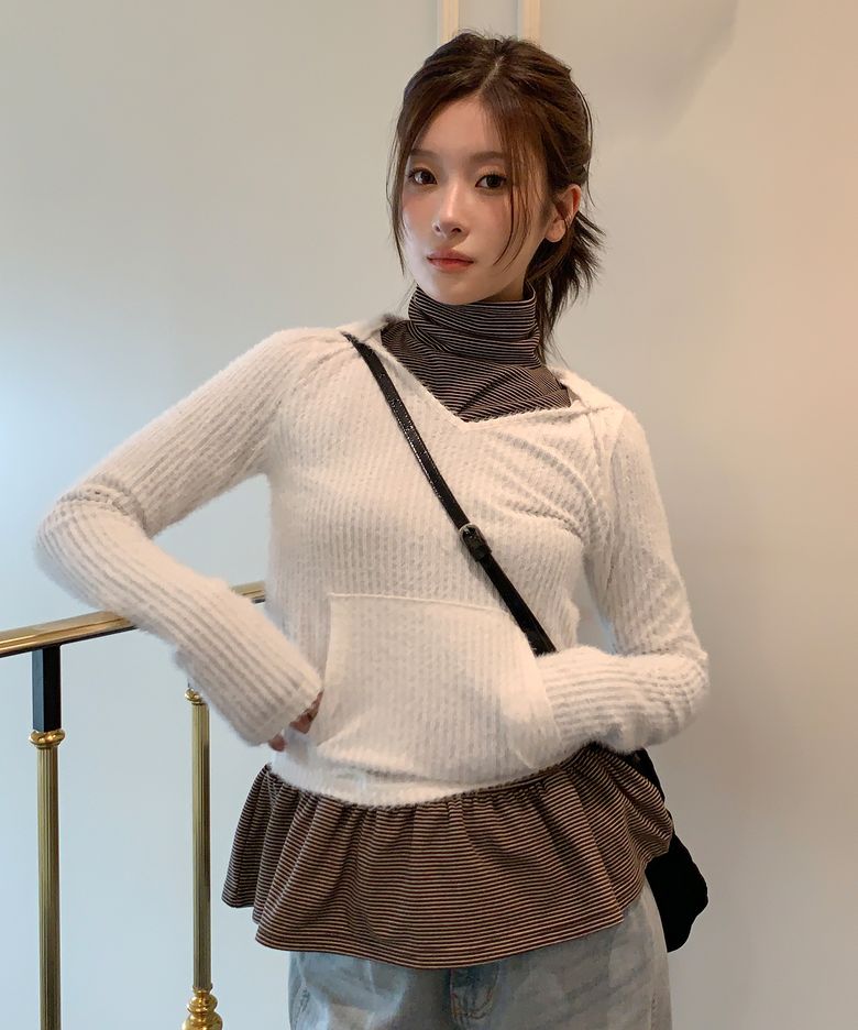플러피 브이넥 슬림핏 후드 ( 아이보리 )