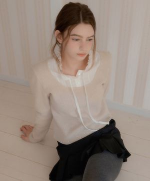 레이스 레이어드 골지 니트 탑 ( 베이지 )