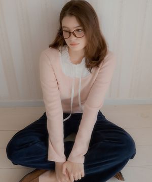 레이스 레이어드 골지 니트 탑 ( 핑크 )