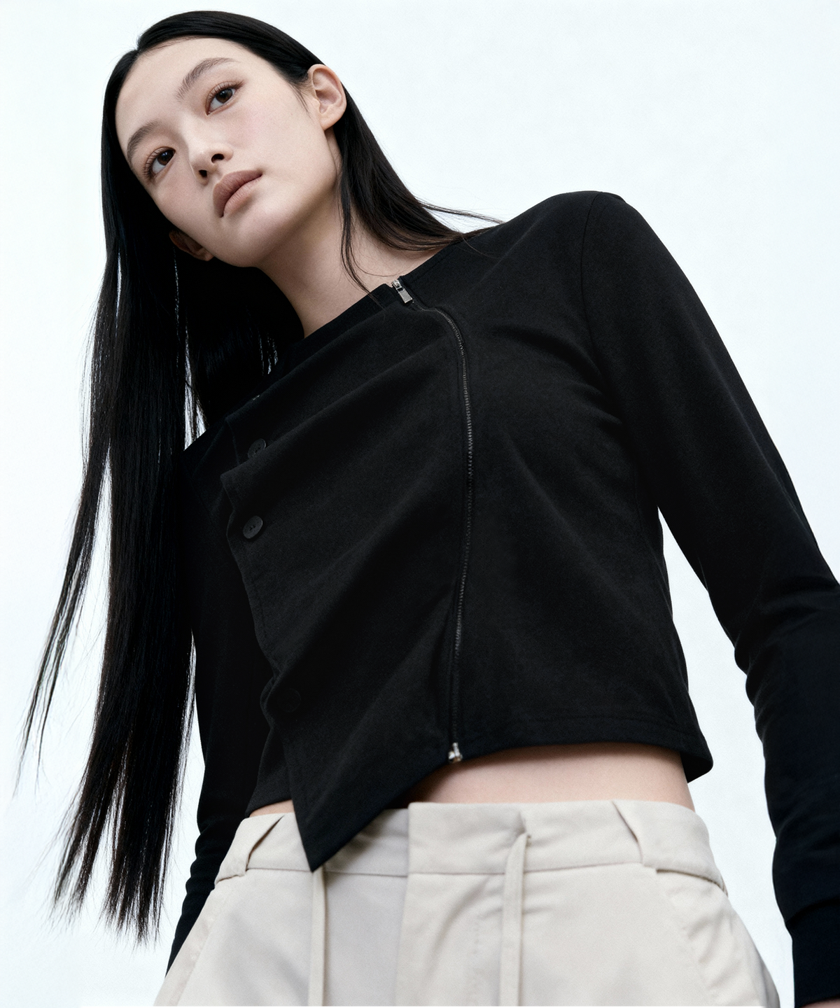백시(BEKSI) DRAPING JERSEY JACKET, BLACK