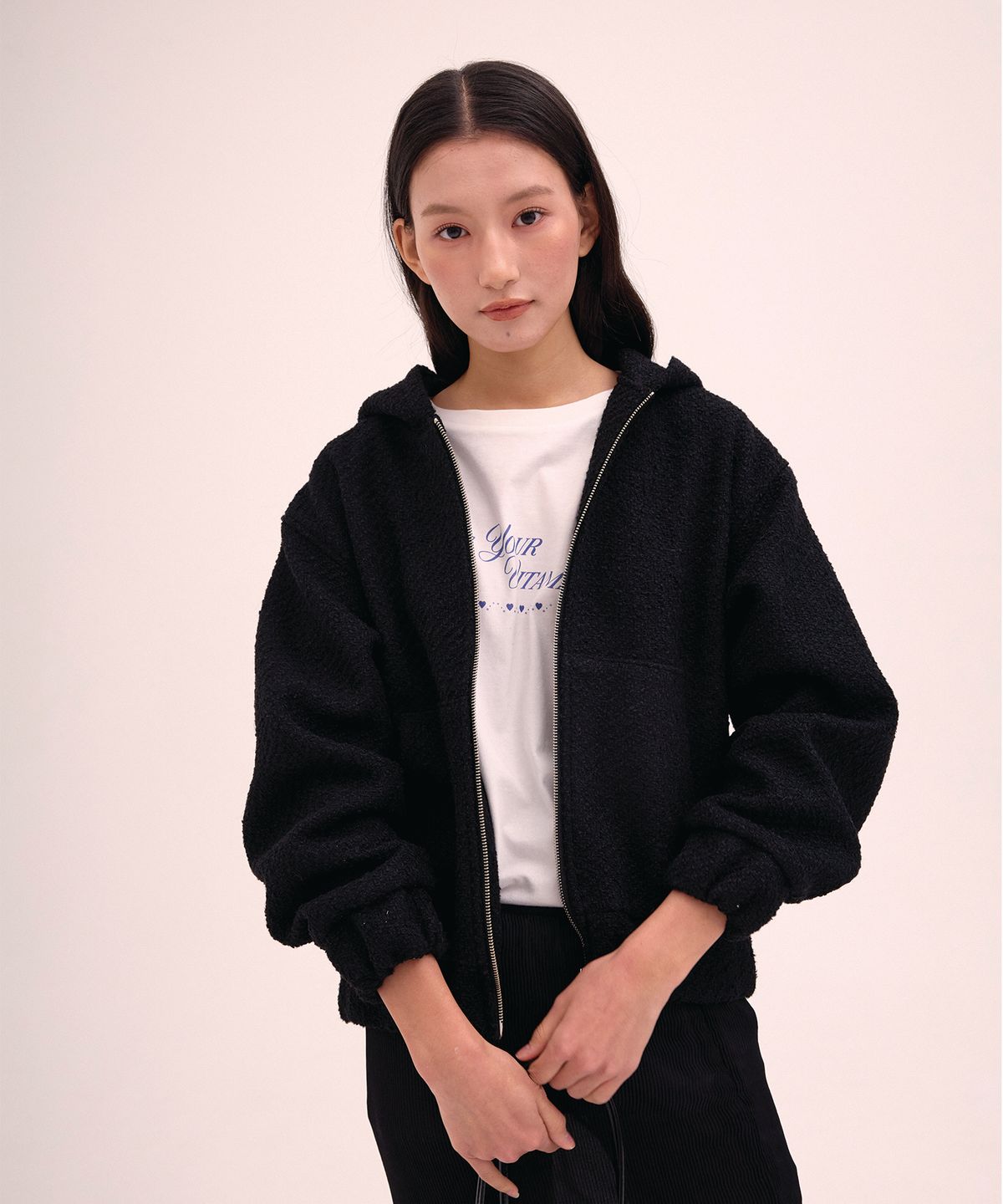 리모네(LEMONE) Tweed Hooded zip-up / Black
